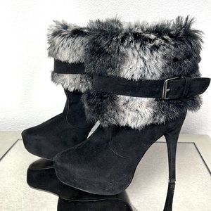 Ankle Heels Womens Black Faux Fur Strap